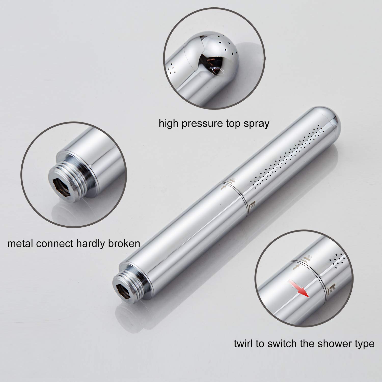 Handheld Showerhead Round Bar Solid Copper Bathroom Pressurized High Pressure Shower Sprayer Chrome Finished (Silver) (Silver) - Image 4