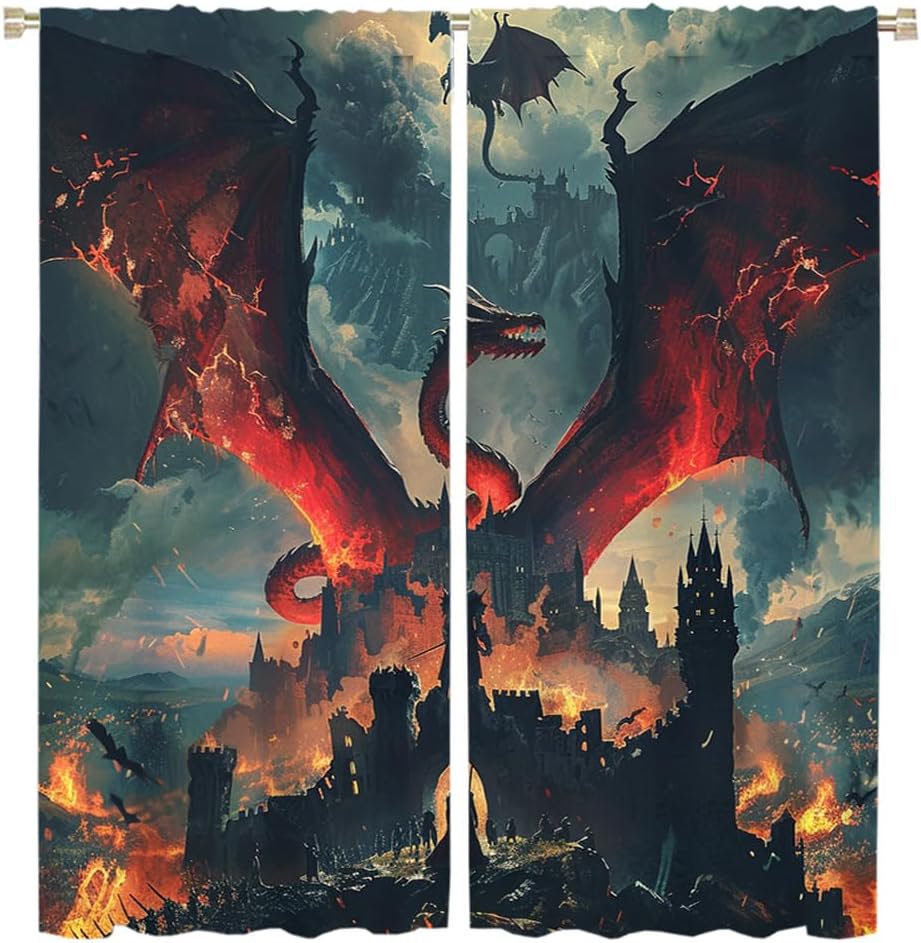 Abstract Gothic Red Dragon Privacy Blackout Curtains Modern Anime Oil Painting Style Castle Magic Red Dragon Blackout Curtains for Living Room Bedroom Etc. 2 Panels 63" L x 27.5" W
