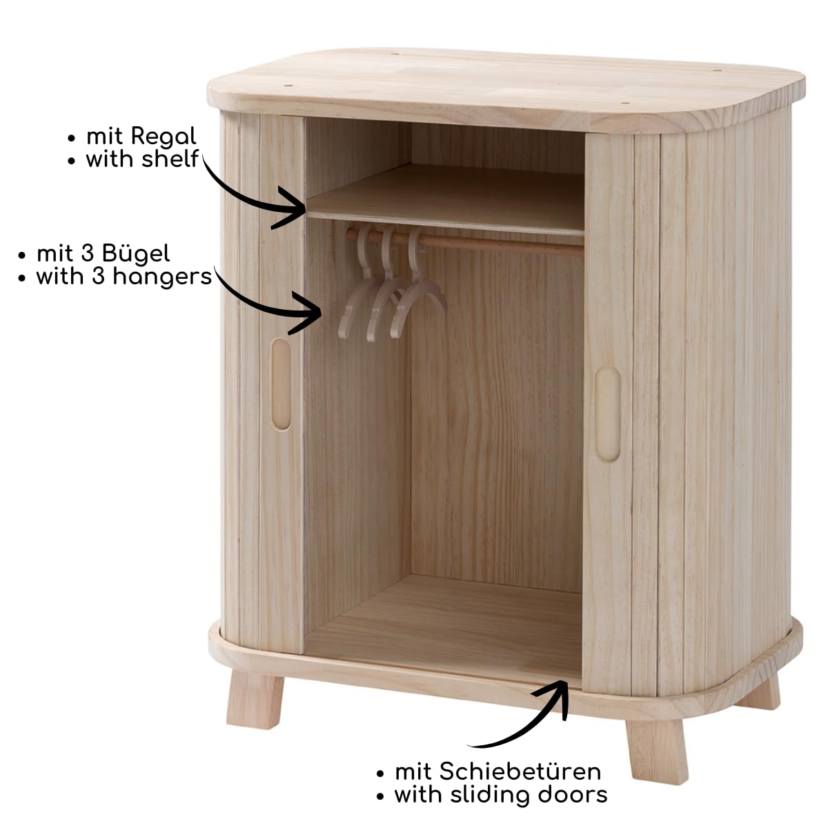 howa Armadio per bambole in legno Grace – Mobili per bambole con porta scorrevole, asta appendiabiti, mensola e 3 grucce 2670