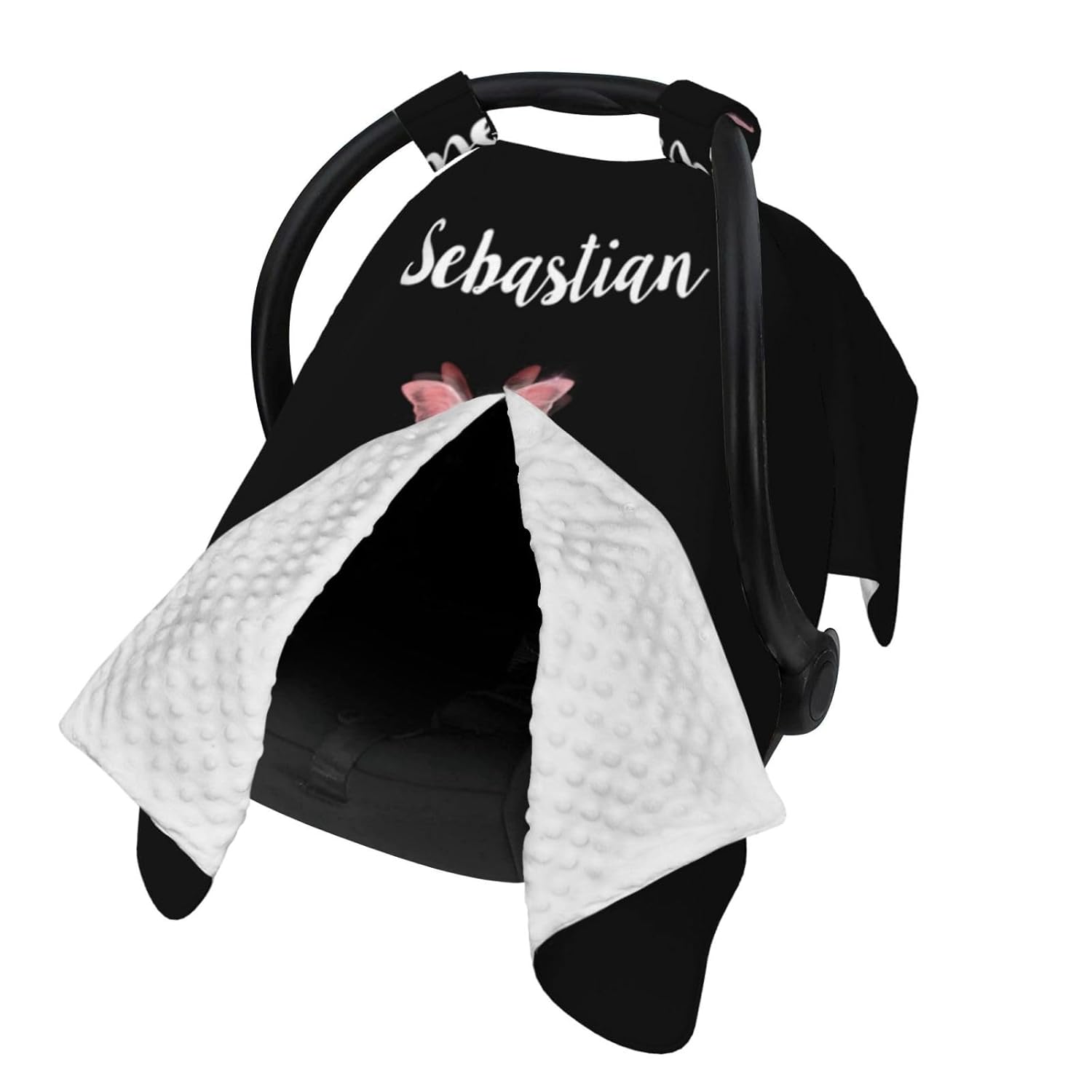 Personalized Baby Car Seat Canopy for Babies with Name, Custom Stroller Car Seat Covers for Girls, Minky Nursing Carseat Cover for Breastfeeding, Car Seat Canopies for Newborn (Butterfly Black)