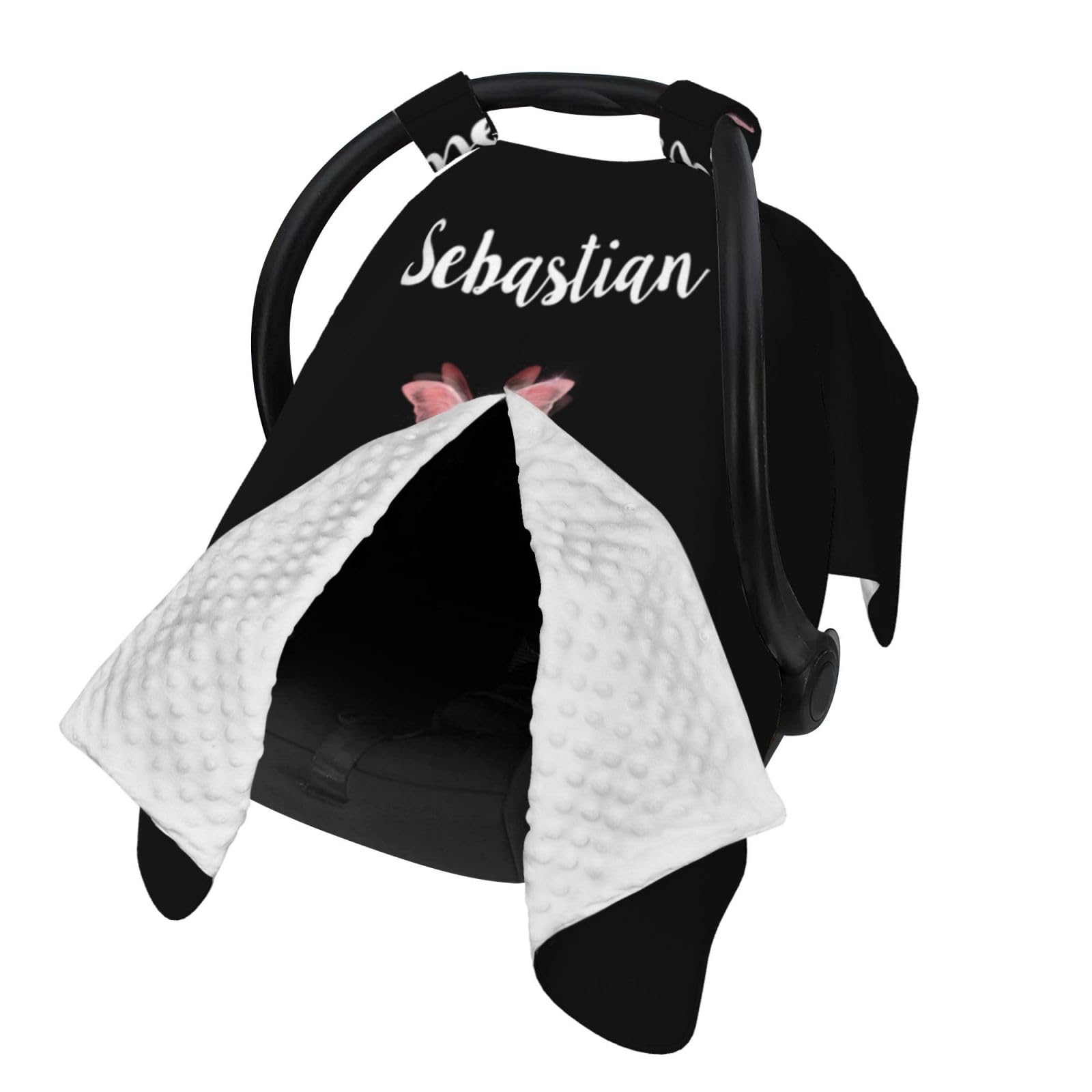 Personalized Baby Car Seat Canopy for Babies with Name, Custom Stroller Car Seat Covers for Girls, Minky Nursing Carseat Cover for Breastfeeding, Car Seat Canopies for Newborn (Butterfly Black)