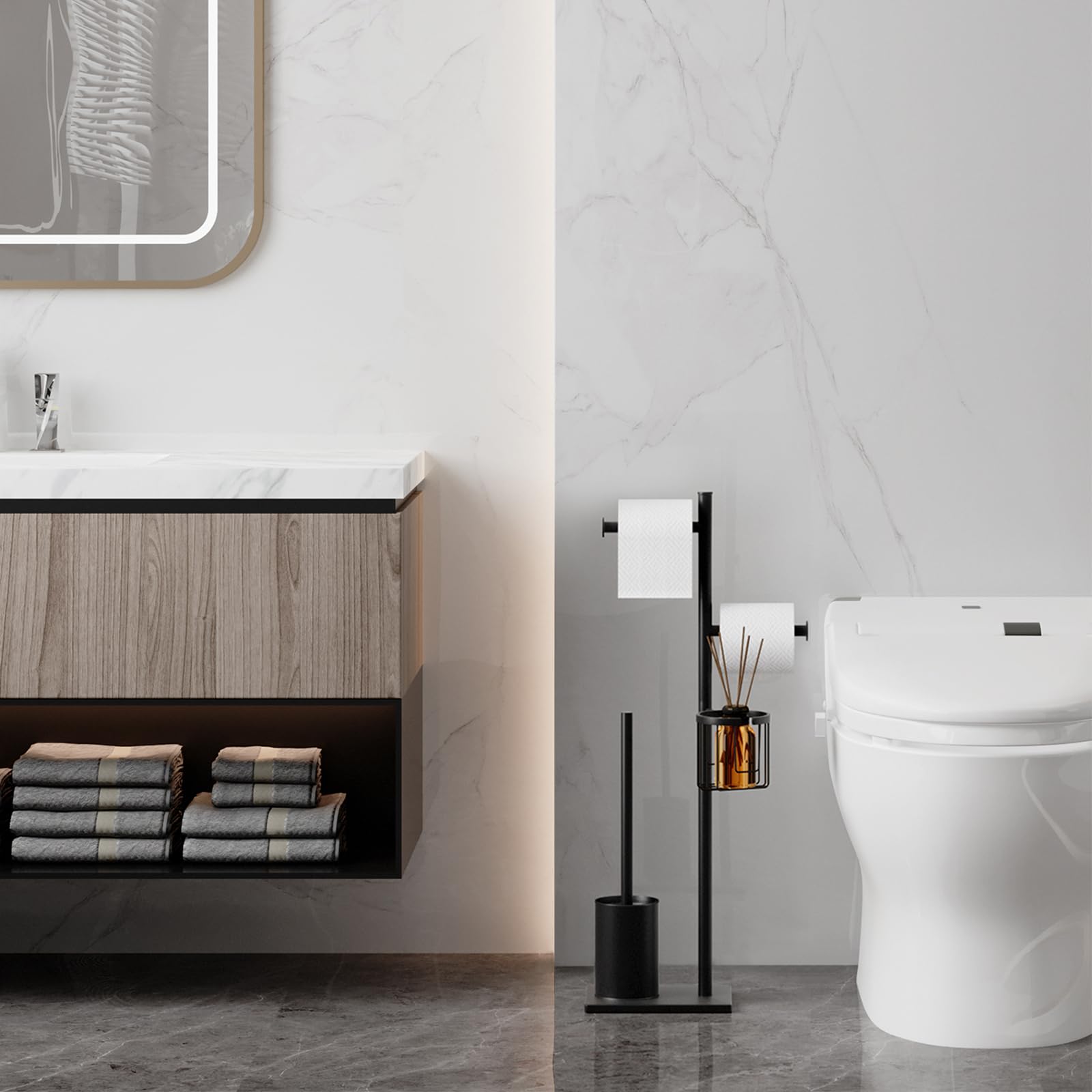 Porta carta igienica set in acciaio inox Nero, autoportante, completo di scopino WC e cestino porta oggetti, perfetto per organizzare il bagno con eleganza e praticità
