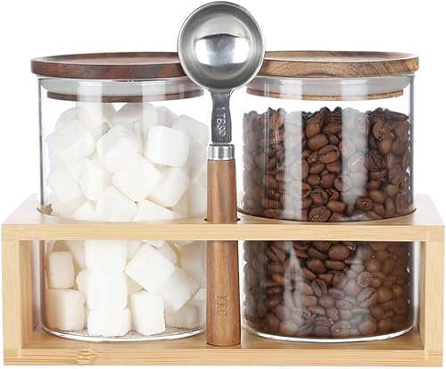 KKC - Recipientes de vidrio con tapas herméticas y cuchara, recipientes de vidrio sellado para té suelto, café molido, azúcar, tarros de madera