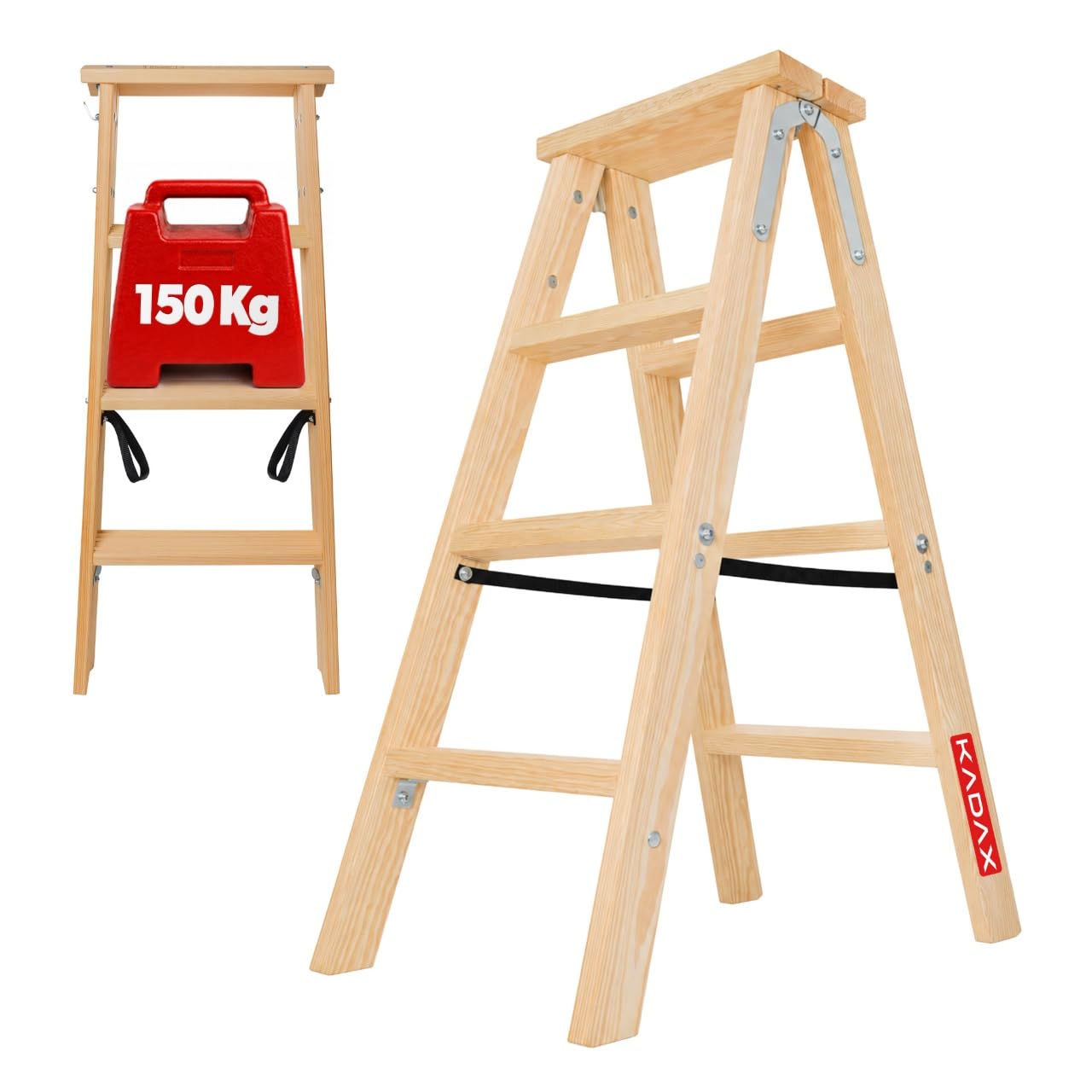KADAX Escalera de madera plegable, 4 peldaños, con gancho de acero, escalera de pie para el hogar y el jardín
