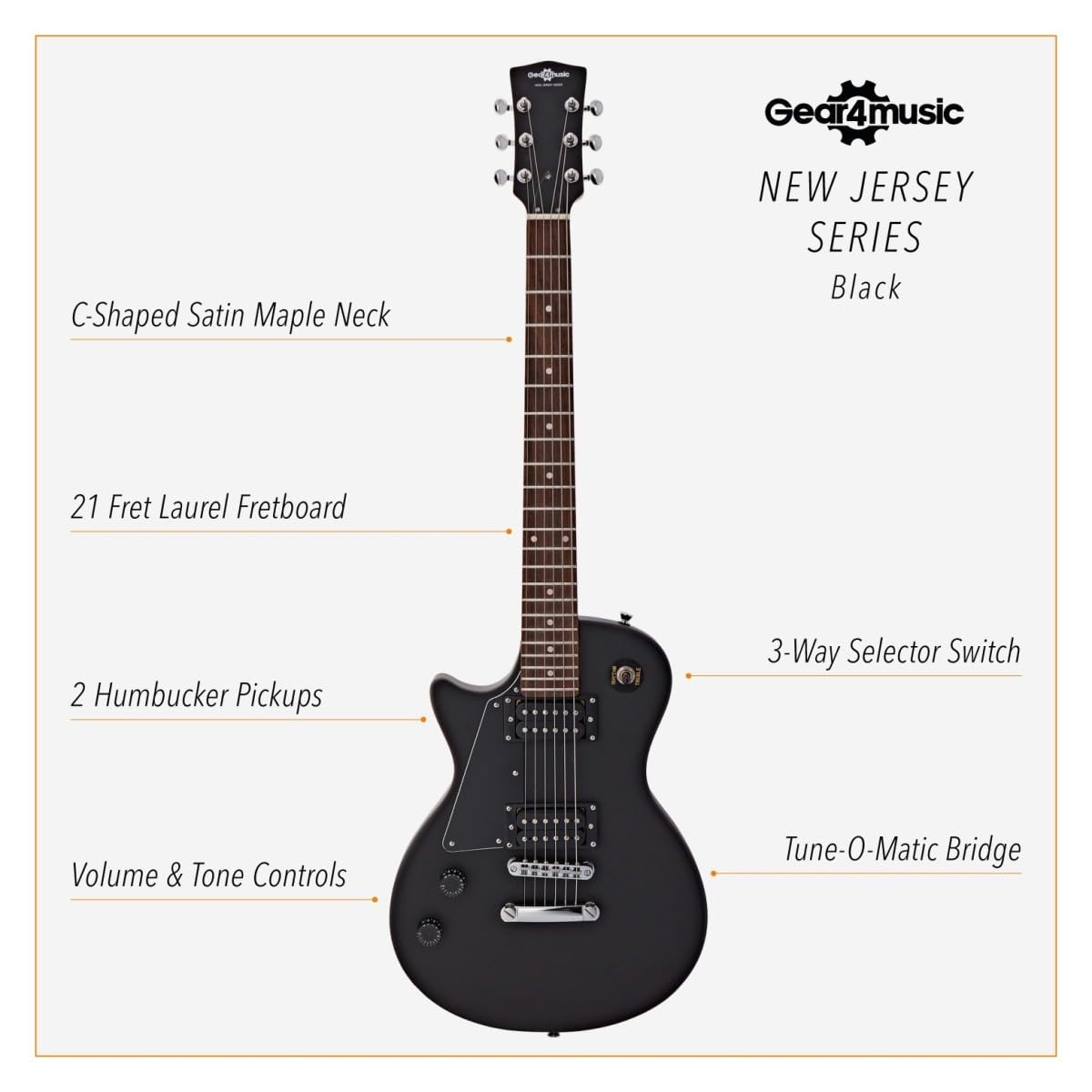 Chitarra Elettrica per Mancini New Jersey di Gear4music, Nero | Estetica e Suoni Rock Classici, Manico Comodo e Corpo Leggero, Pickup Humbucker Doppi, Ideale per Principianti