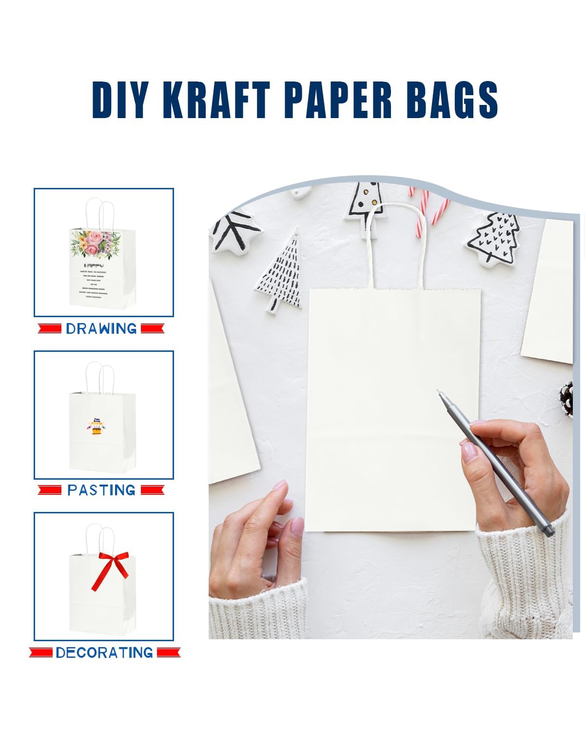 Bakepacker 60 sztuk małych torebek papierowych na prezenty z uchwytami luzem 21 cm x 15 cm x 8 cm białe torby na zakupy typu kraft