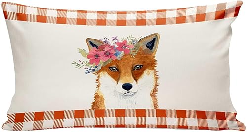 Welcome Cute Fox Throw Pillow Cover 12x20 Inch,Autumn Fox Halloween Buffalo Check Plaid Autumn Harvest Thanksgiving Holiday Decor for Home