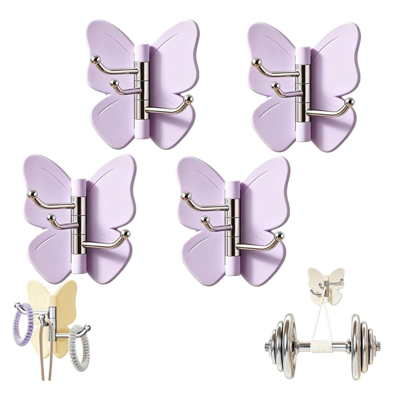Sloiaz 4 Purple Rotating Butterfly Adhesive Wall Hooks,Strong Stick On Organizer,270° Swivel 3 Prong Design, Adjustable Wings For Inner & Outer Corners,Bathroom And Entryway(4 Purple)