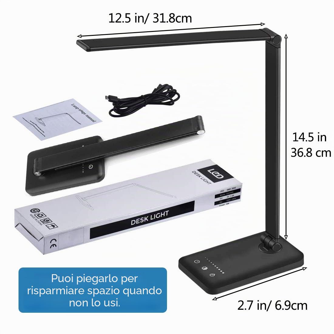 Lampada da Scrivania a LED, Lampada da Tavolo Dimmerabile con Porta USB, Luce Pieghevole Touch Control 5 Livelli di Luminosità 5 Modalità Memoria Sensibilità Tattile, per Lettura Lavoro Ufficio, Nera