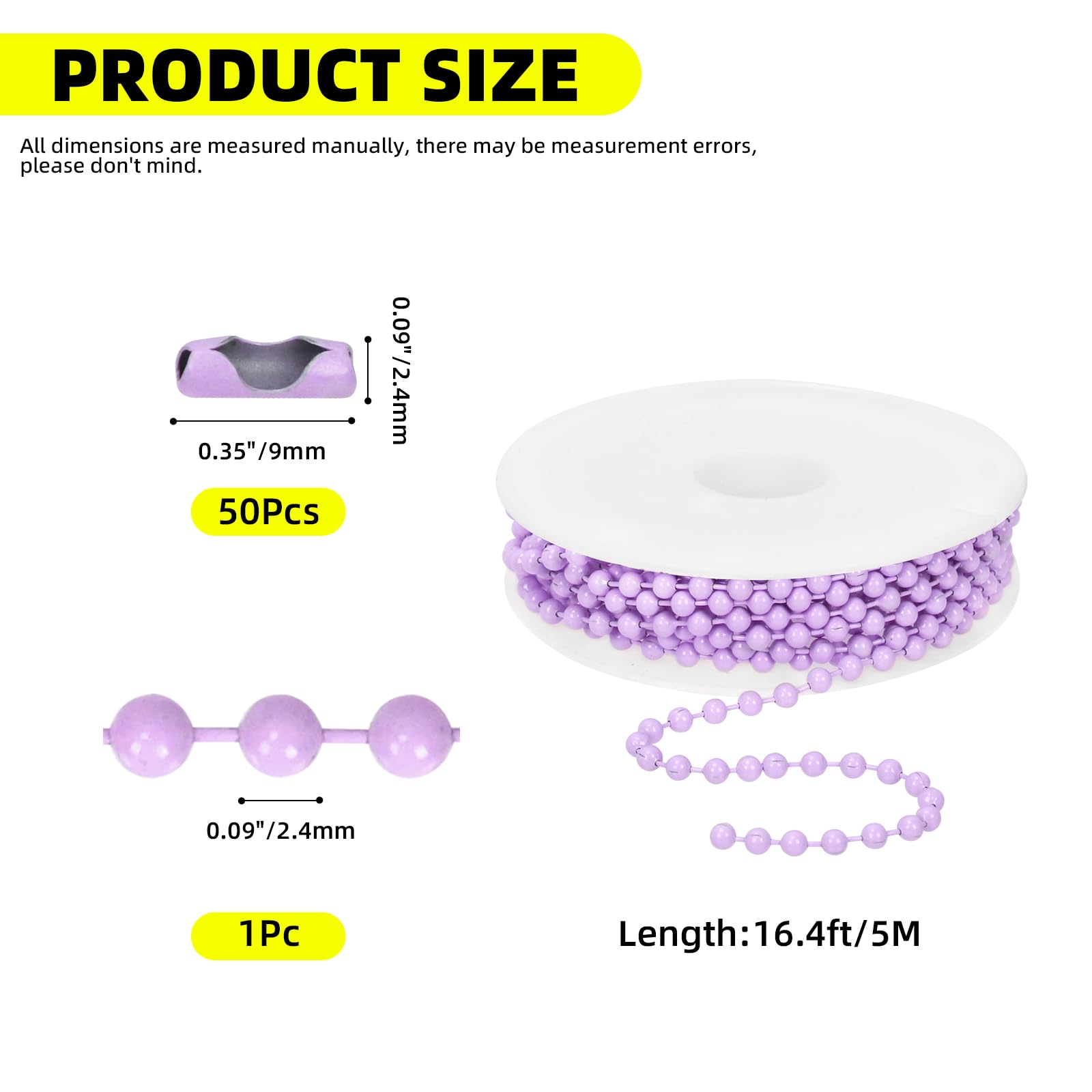 5m Kugelkette mit 50 STK Verschluss, Lila 2.4mm Perlen Rollenkette Metall Kugelkette Schlüsselanhänger, Beaded Ball Chain für DIY Handwerk