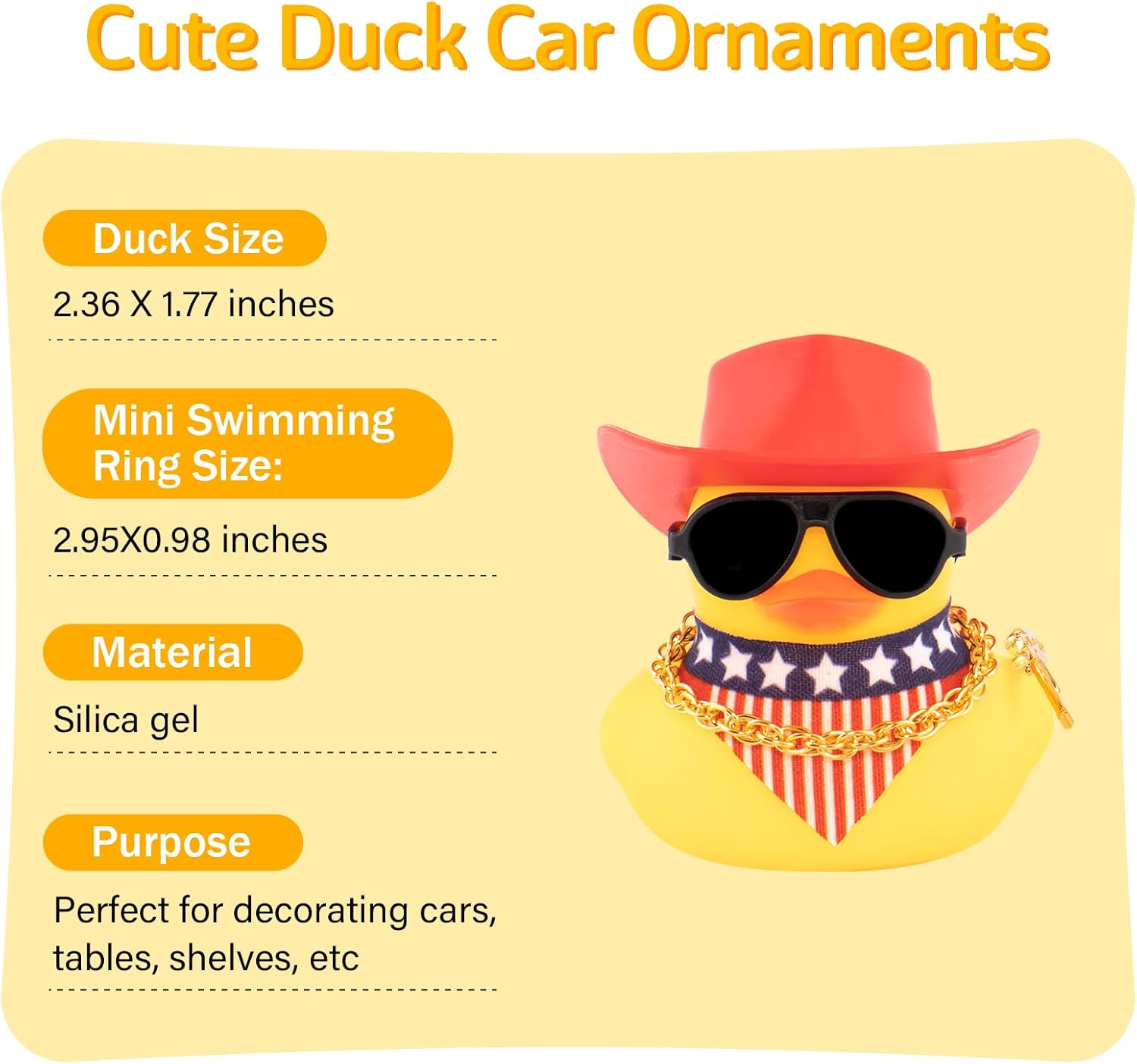 wonuu Rubber Duck Car Ornaments Dashboard Decorations with Cowboy Hat Bandanna Necklace for 4th of July Independence Day Accessories Labor Day, Yellow-Red Horizontal Red White Blue Star Stripe Flag