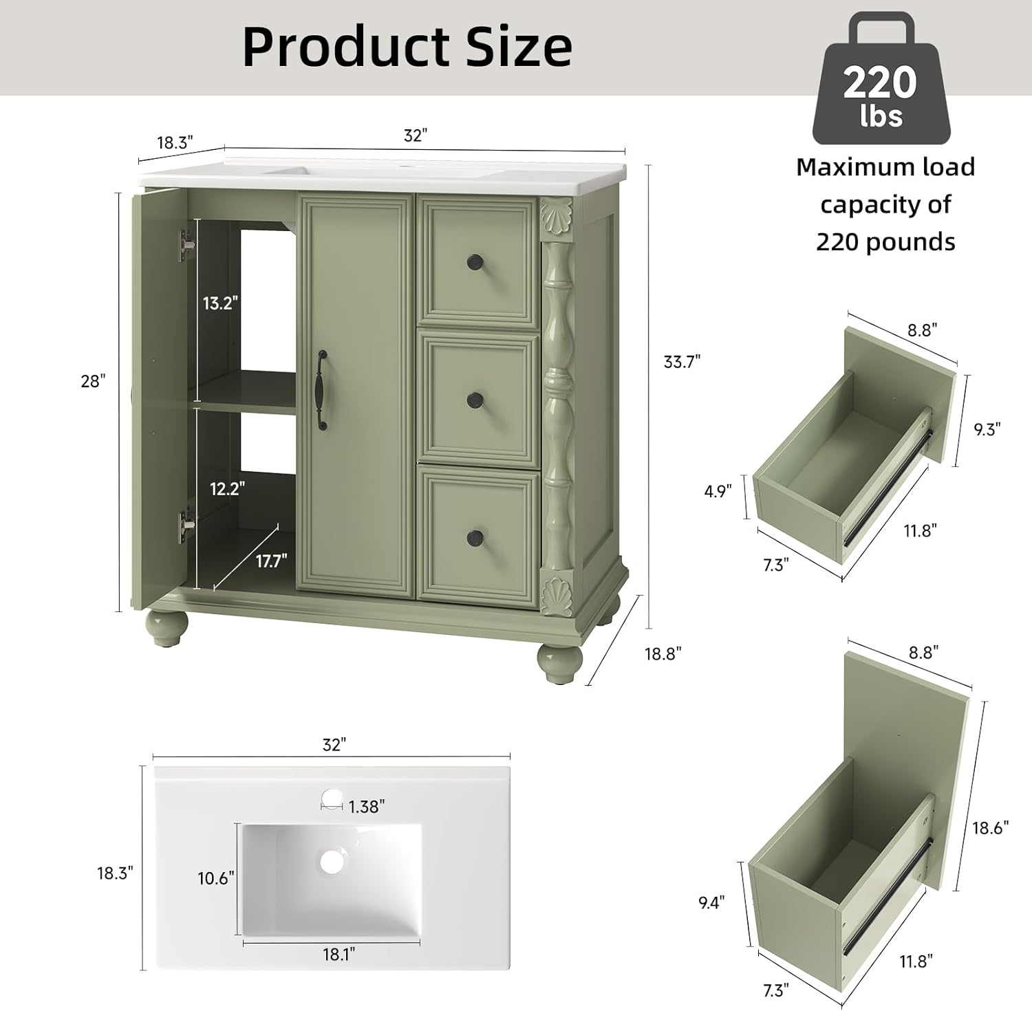 ONBRILL Bathroom Vanity with Sink Combo, Modern Bathroom Vanities with Adjustable Shelf, 4 Solid Legs, 2 Drawers, 2 Doors, Ceramic Integrated Sink, Freestanding Bath Storage Cabinet (32", Green)