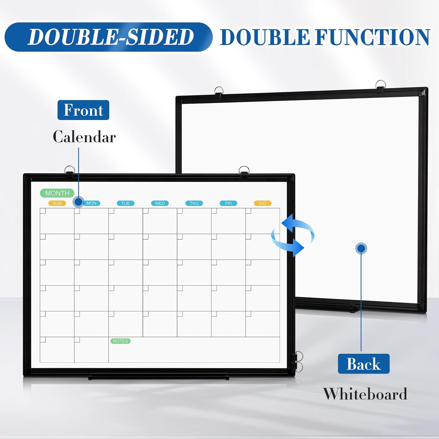 WALGLASS Dry Erase Calendar Whiteboard for Wall, 36 x 24 Double-Sided Monthly Calendar White Board with Black Aluminum Frame, Hanging or Wall Mount Whiteboard for Home, Office, School