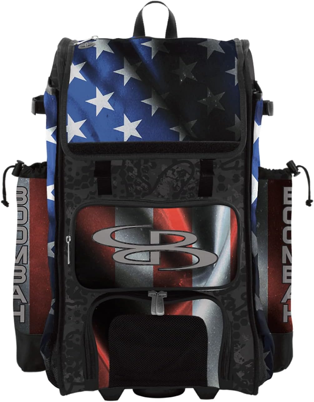 Boombah Rolling Catchers Superpack 2.0 Baseball/Softball Gear Bag - 23-1/2" x 13-1/2" x 9-1/2" - USA Black Ops Black/Royal Blue/Red - Telescopic Handle - Holds 4 Bats - Wheeled Version