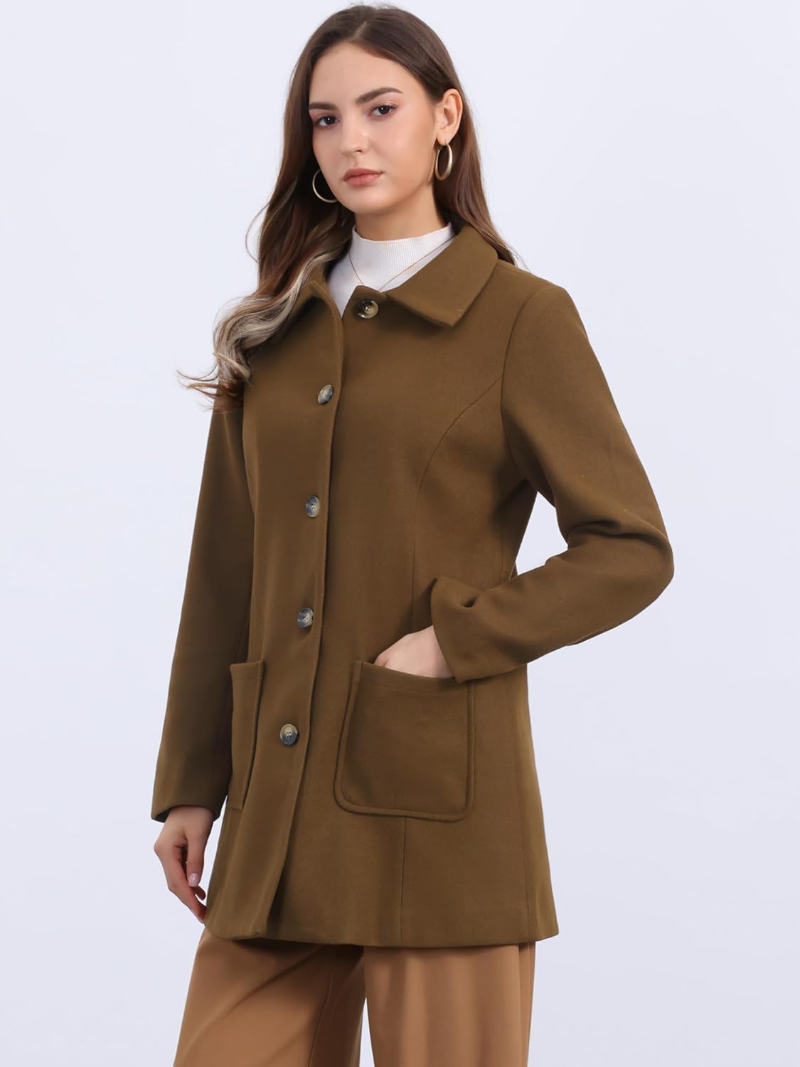 Seta T Women's Winter Overcoat Mid-Long Notch Lapel Single-Breasted Peacoat Casual Coat with Pockets