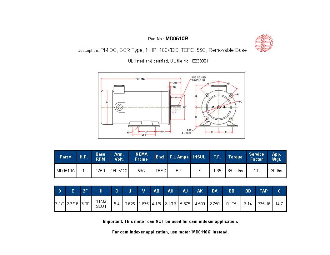 Technical drawing and specifications for MD0510B DC Motor