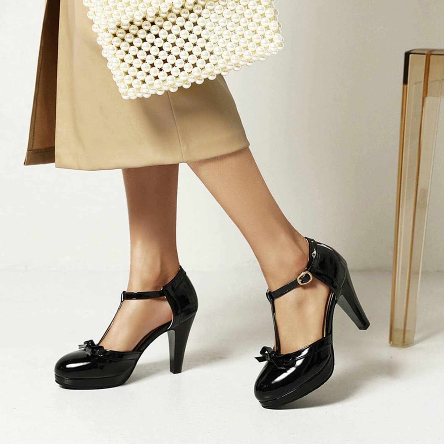 Plataforma para mujer Tacones altos y gruesos Vestido con correa en T a la moda Zapatos de tacón cómodos con lazo muslo/J/38EU
