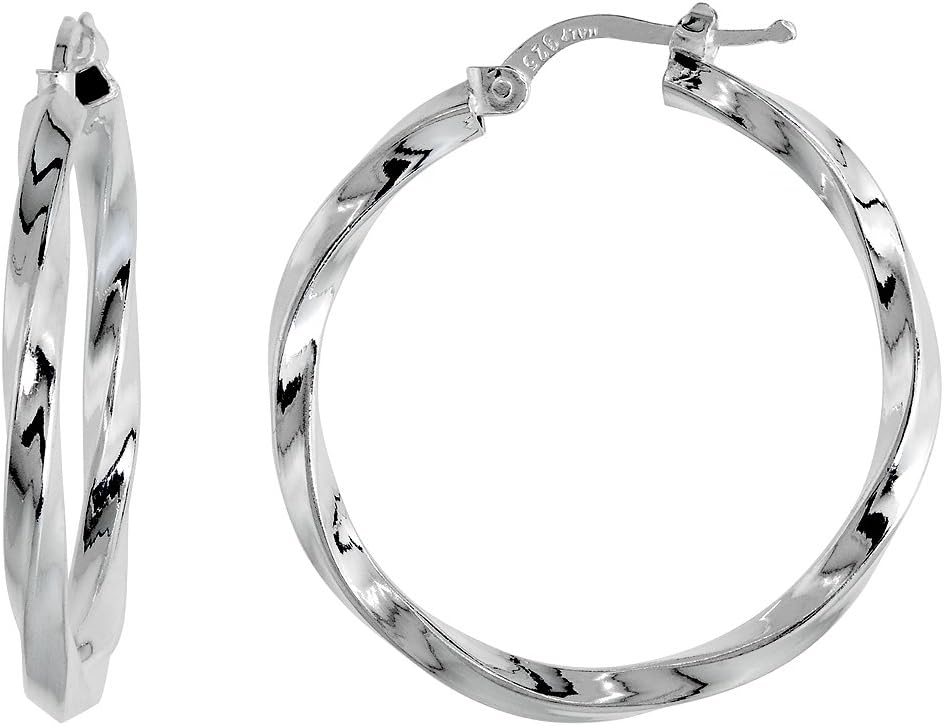 3/4-1 3/4 inch Sterling Silver 3mm Twisted Square Tube Hoop Earrings for Women 1/8 inch thick Italy