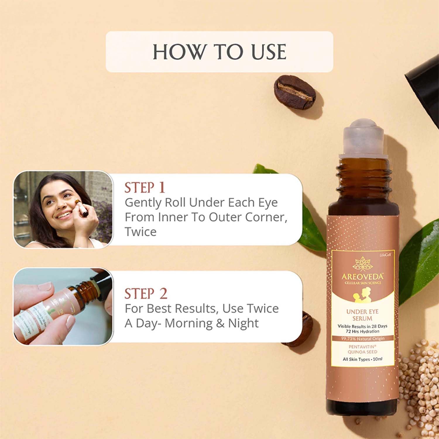 AreoVeda Under Eye Cream with Cooling Massage Roller | Under Eye Roll On with Quinoa for Dark Circles, Puffiness & Fine Lines | Pregnancy-Safe | 10 ml (Pack of 2) 3