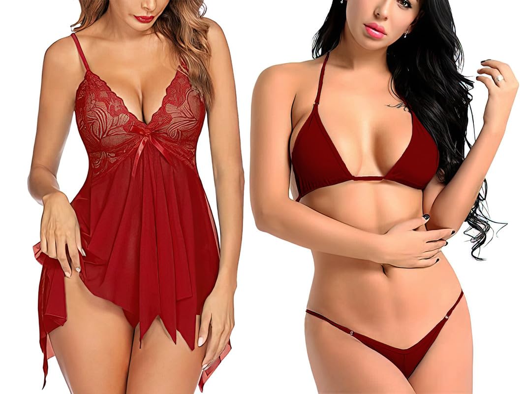 Beautiful Lace and Net Solid Above Knee Babydoll Night Lingerie for Women and Bikni Set Dress Super Saver Combo Pack-image-41