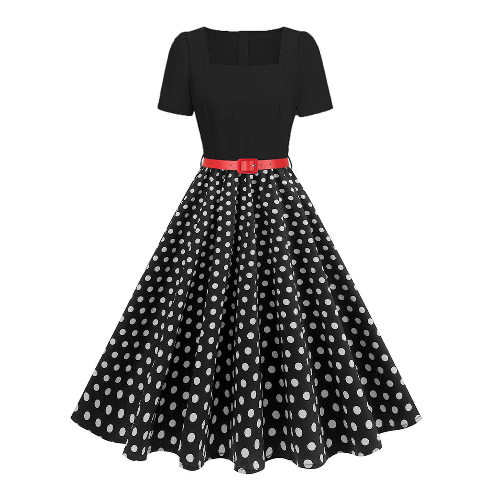 Odizli Rockabilly - Vestido vintage de los años 50 para mujer, cuello cuadrado, lunares, flores, swing hasta la rodilla, vestido coctail con cinturón
