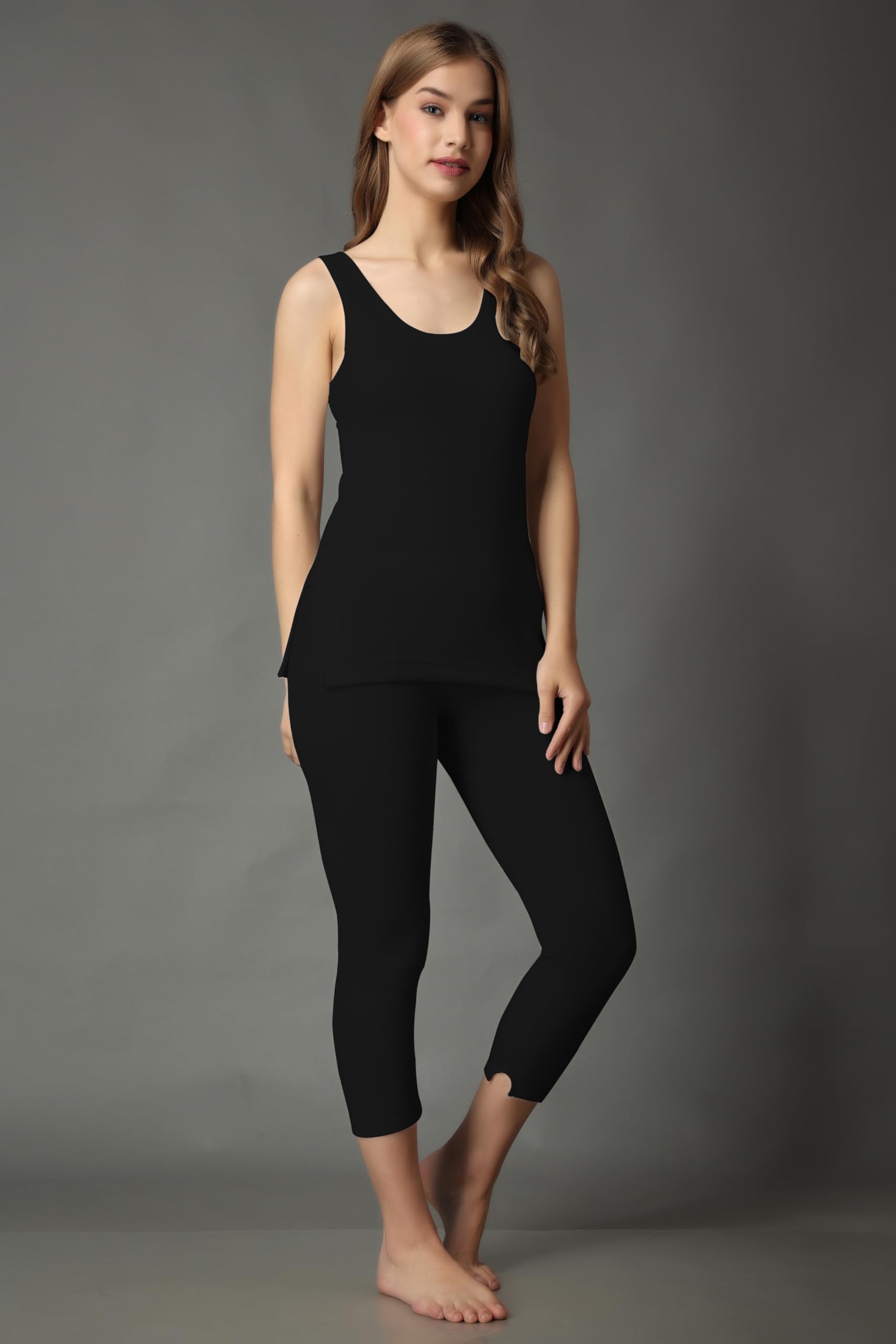 Wearslim® Women’s Cotton Thermal Underwear Set, Thermal Sleeveless Camisole and Pant Set, Round Neck Tank Tops & Bottom Soft Warmer - Zed Black (XL) - Image 4 thumbnail