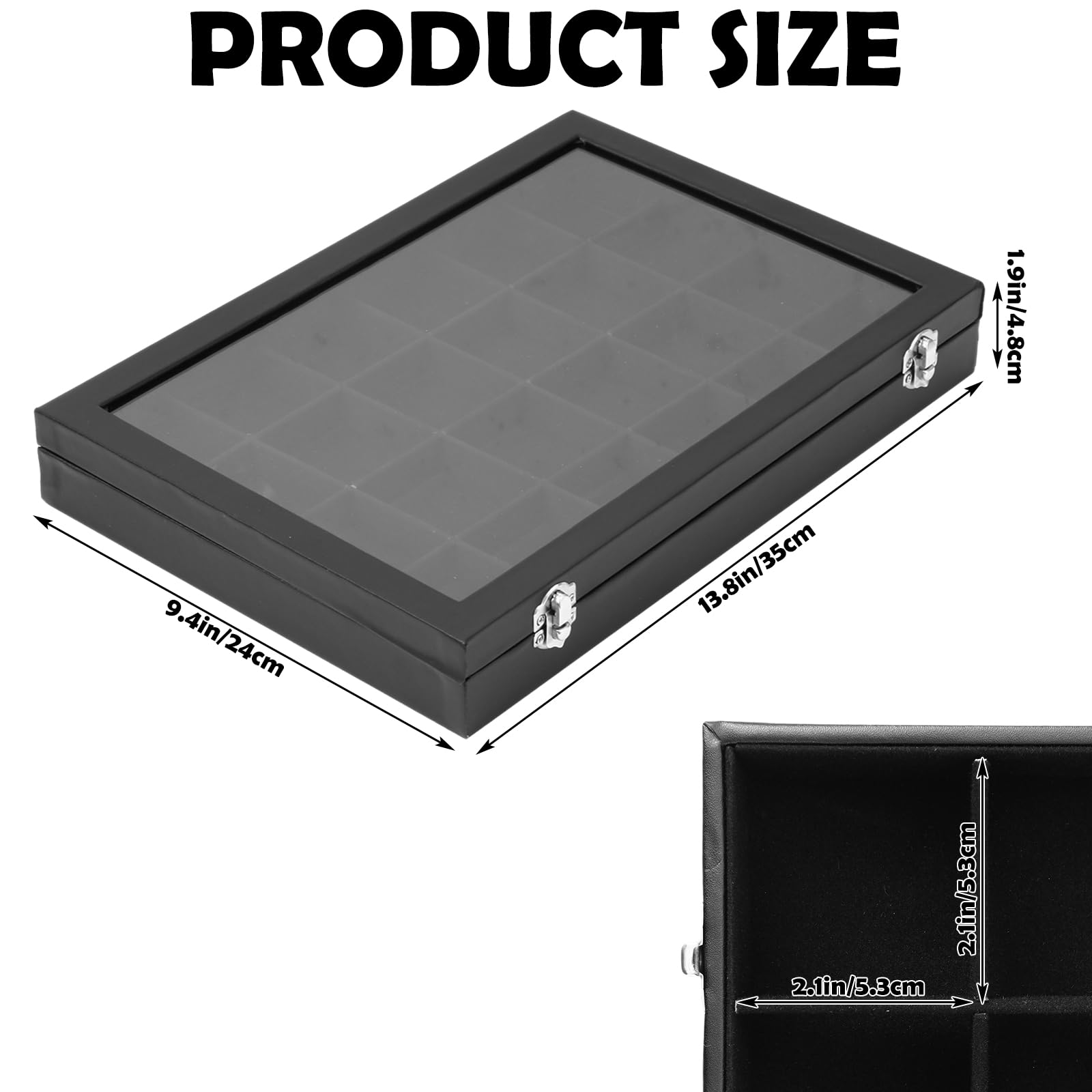 Acrux7 Paquete de 2 vitrinas de la colección Rock, vitrina de 24 rejillas de roca, caja de colección de rocas de piel sintética negra con tapa de vidrio transparente y rejillas de terciopelo suave
