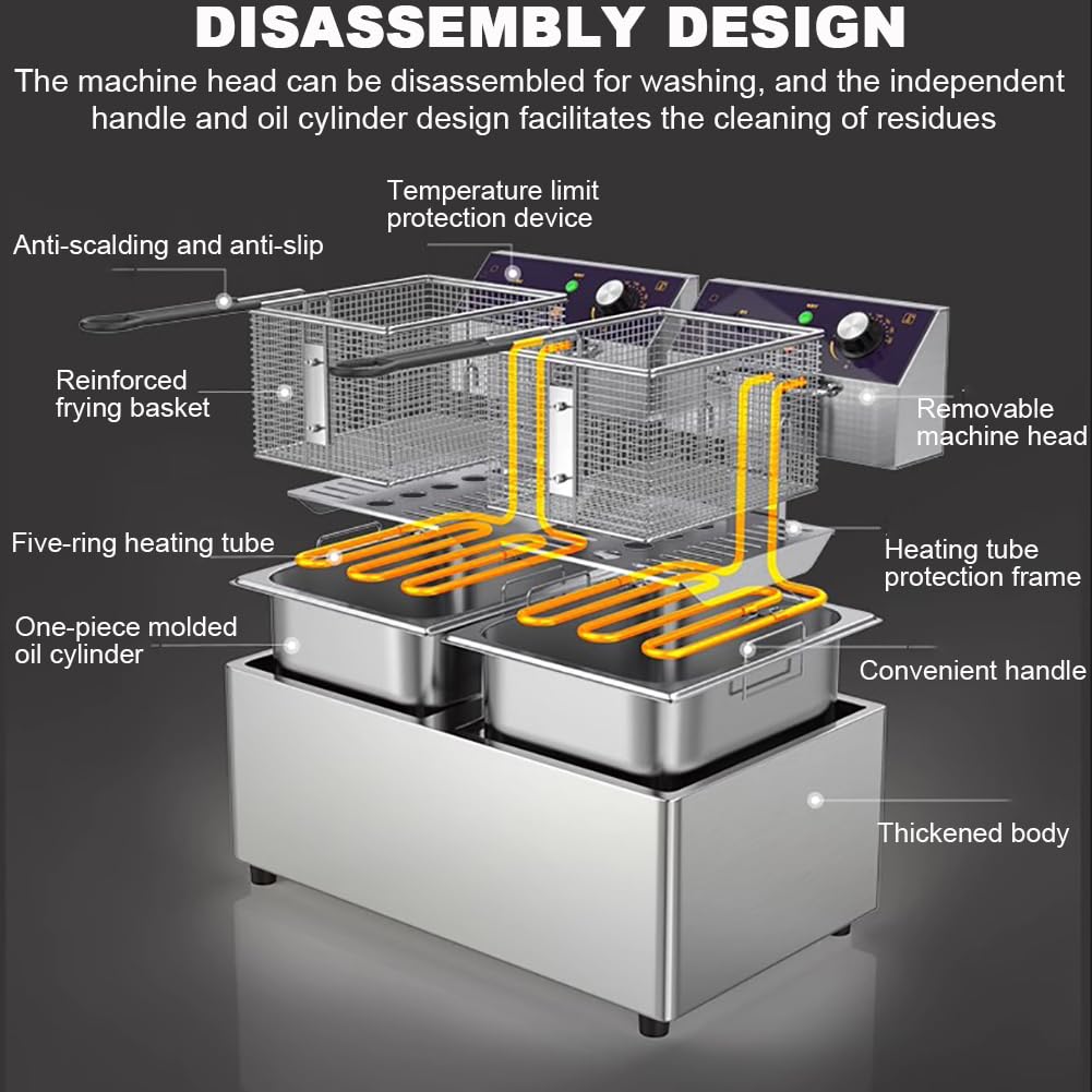 Friggitrice elettrica Professionale a Doppia Vasca Friggitrice elettrica in Acciaio Inox con termostato Grande friggitrice Doppia 3000W X 2 Contenitore dell'olio e cestello Rimovibili Anti