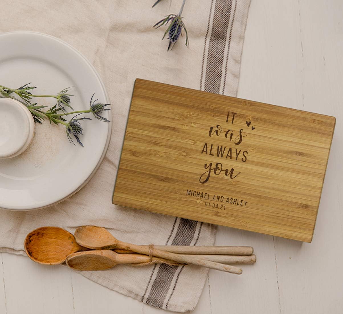 Andaz Press Personalized Laser Engraved Small Bamboo Wood Cutting Board, 9.5 x 6-inch, It Was Always You Bride Groom Names Date, Custom Wedding Bridal Shower Anniversary Housewarming Gift Ideas