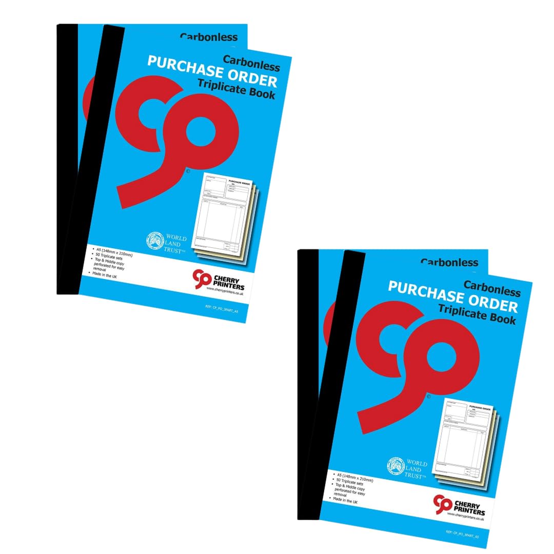 Cherry Printers | Carbonless Purchase Order Triplicate Book A5 | 3 Part Book | 50 Triplicate Sets | Perforated Easy Tear Copies | Purchase Order Forms for Business Office Self Employed **4 Pack**