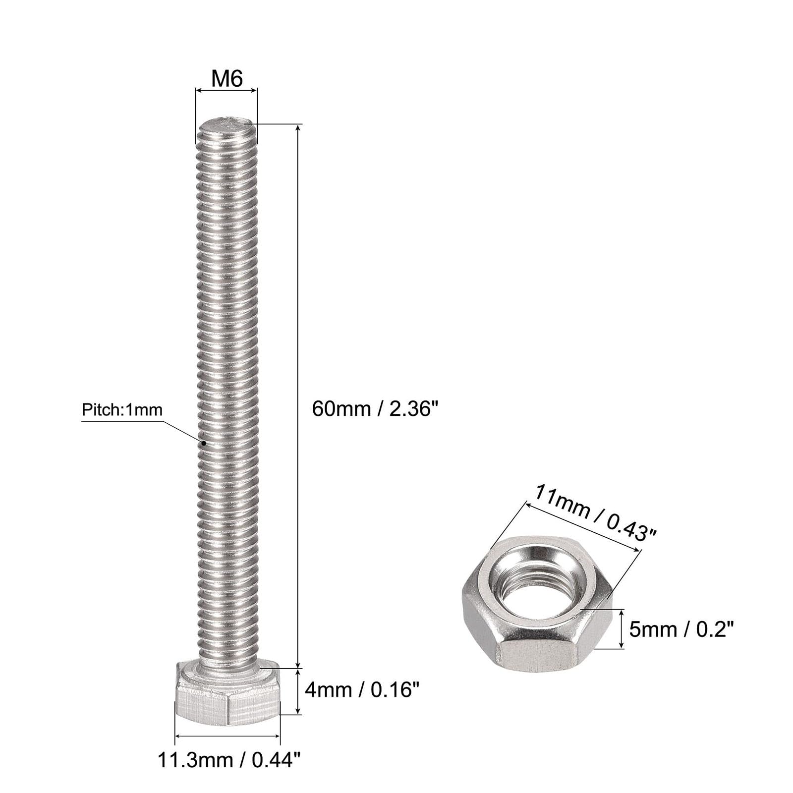 TOP-VIGOR 6Pcs M6 x 60mm Hex Head Screws Bolts, Nuts, Flat & Lock Washers Kits - Image 2