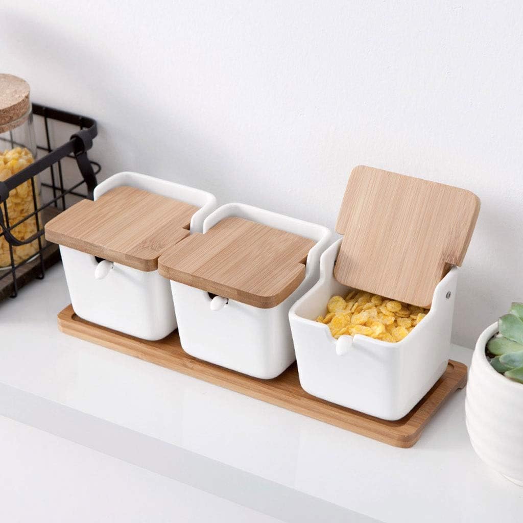 Condiment Jar Spice Container Set of 3 Ceramic Condiment Pots Jars Sugar Bowls Salt Boxes with Ceramic Spoons Bamboo Flip Cover Wooden Tray Salt and Pepper Shaker Modern Housewarming Gift Condiment Po