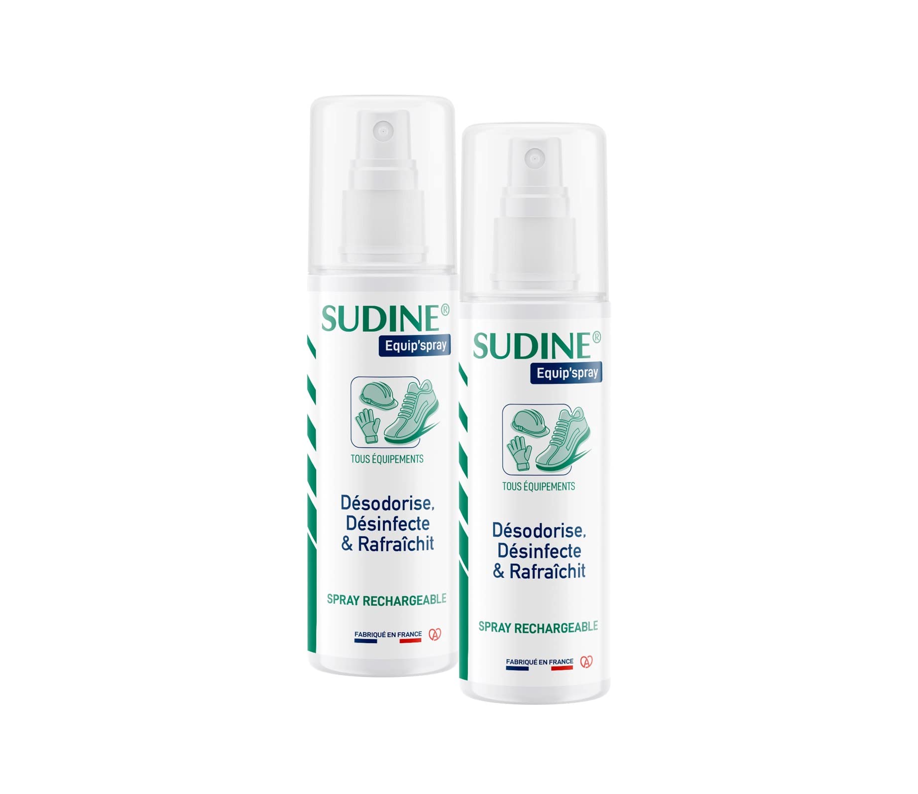 Lote de 2 - Sudine Equip'spray - Desodoriza, desinfecta, refresca - Zapatos, cascos, guantes, equipo - Spray recargable - Sin gas - Fabricado en Francia - Spray 125 ml