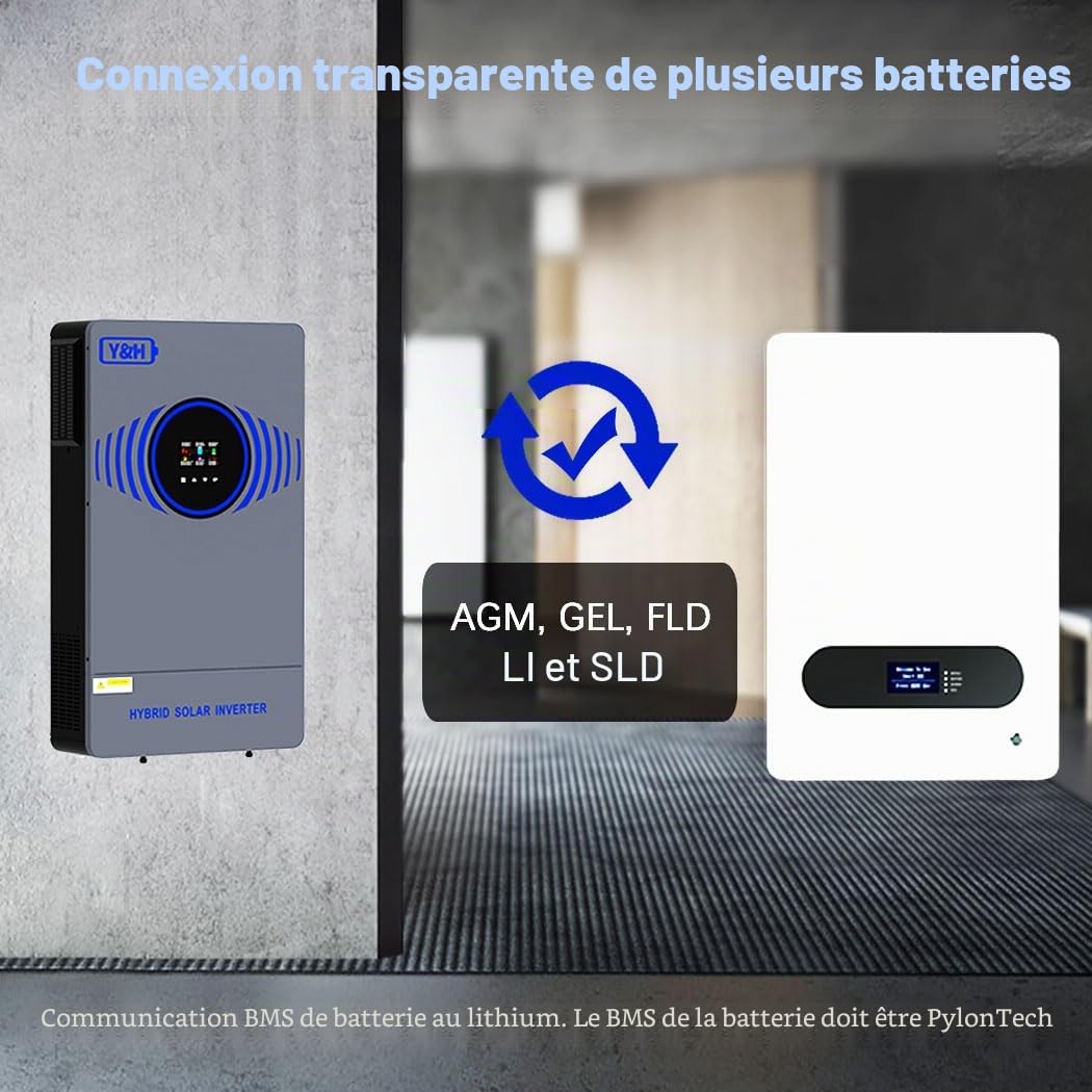 Y&H Onduleur solaire hybride 6200 W CC 48 V vers AC 230 V onde sinusoïdale pure prise en charge de démarrage sans batterie avec chargeur solaire MPPT 120 A pour système solaire 48 V LiFePO/plomb acide