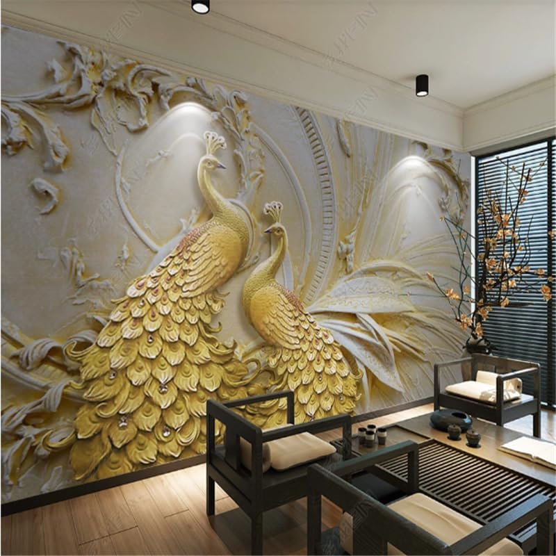 Miniatura 2 de TOKMOCO Relief Golden Peacock 3D Mural Peel and Stick Wallpaper for Living Room TV Sofa Background Wall Papers Home Decor Wallpapers for Bedroom