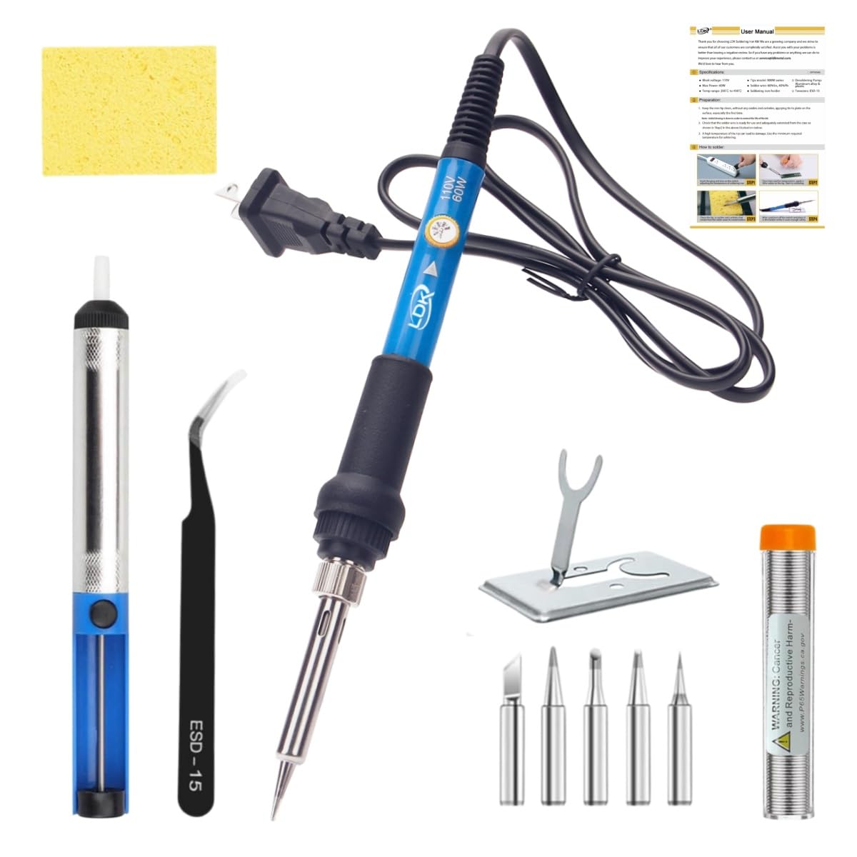 LDK Soldering Iron Kit Electric 60W 110V Adjustable Temperature Soldering Gun Welding Tools, 5pcs Replacement Tips and Solder Wire (Basic) — Amazon image 12