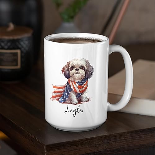 Miniatura 6 de Taza de café blanca personalizada de perro Shih Tzu de 11 onzas, 15 onzas, bandana de bandera estadounidense, tazas para perros Shih Tzu, regalo