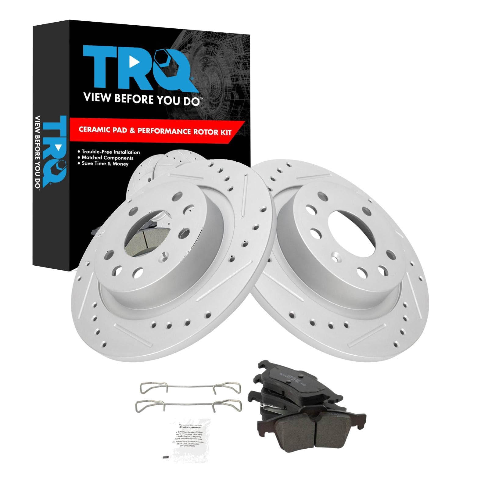 TRQ Performance Rear Brake Pad and Rotor Set Ceramic Coated Drilled Slotted Rotors Compatible with 2003-2003 Saab 9-3