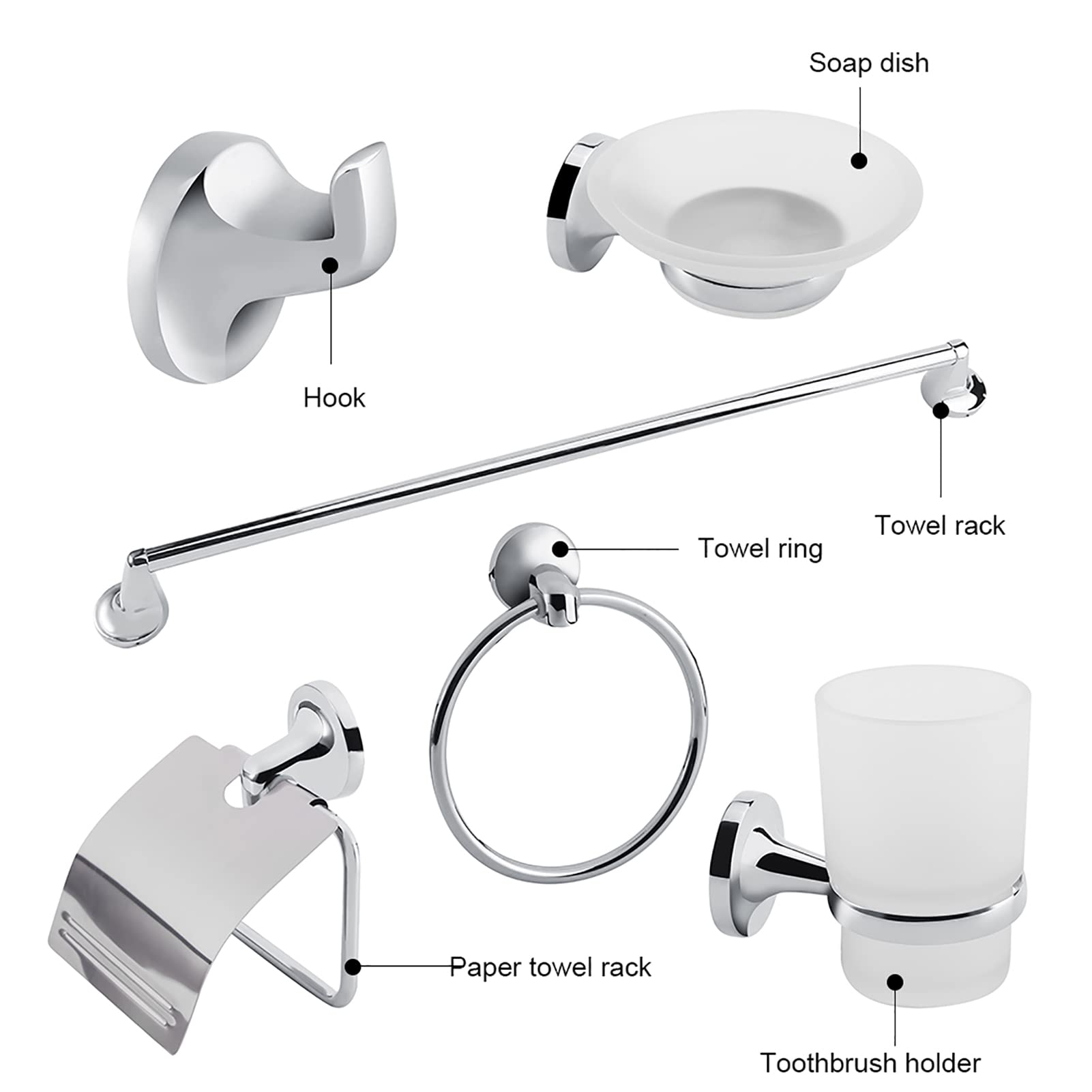 Annadue Juego de Accesorios de Baño de Montaje en Pared de 6 Uds, Toallero para Inodoro, Soporte para Cepillo de Dientes, Dispensador de Papel y para Almacenamiento en Estante de Cocina