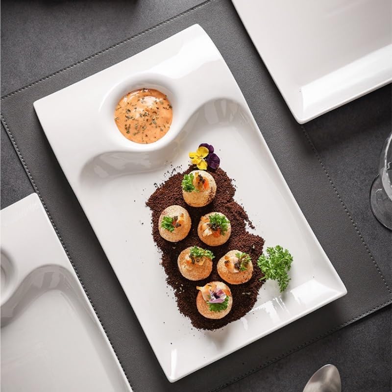 Platos de Cena Plato Rectangular de cerámica con Compartimento for vinagre, vajilla de Estilo Chino for Bola de Masa, Pato asado y Comida fría Platos de Pasta(M)