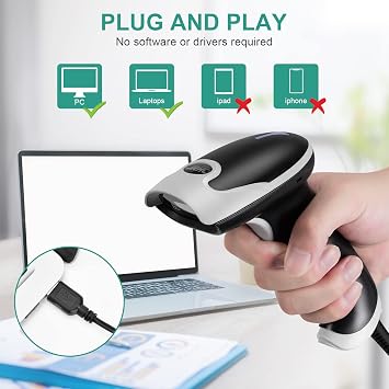 Barcode Scanner, Handheld USB Barcode Scanner Wired Connection Barcode Reader 1D 2D PDF417 QR Data Matrix Automatic Plug&Play Bar Code Scanners for Desktop Store Supermarket Warehouse Library