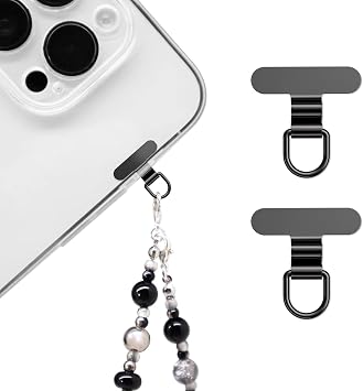 saxsion Phone Charm Holder, Mini Metal Tether Tab - Ultra Thin Stainless Steel Lanyard Patch for iPhone, Universal Wrist Strap & Crossbody Lanyard Clip Black+Black