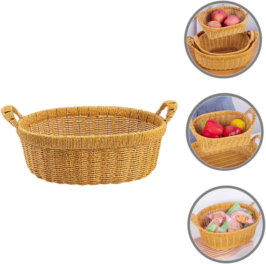 SECFOU Simulated Rattan Serving Tray Bread Basket with Handles Large Oval Deep Snack and Fruit Container for Kitchen Countertop and Outdoor Picnic Use