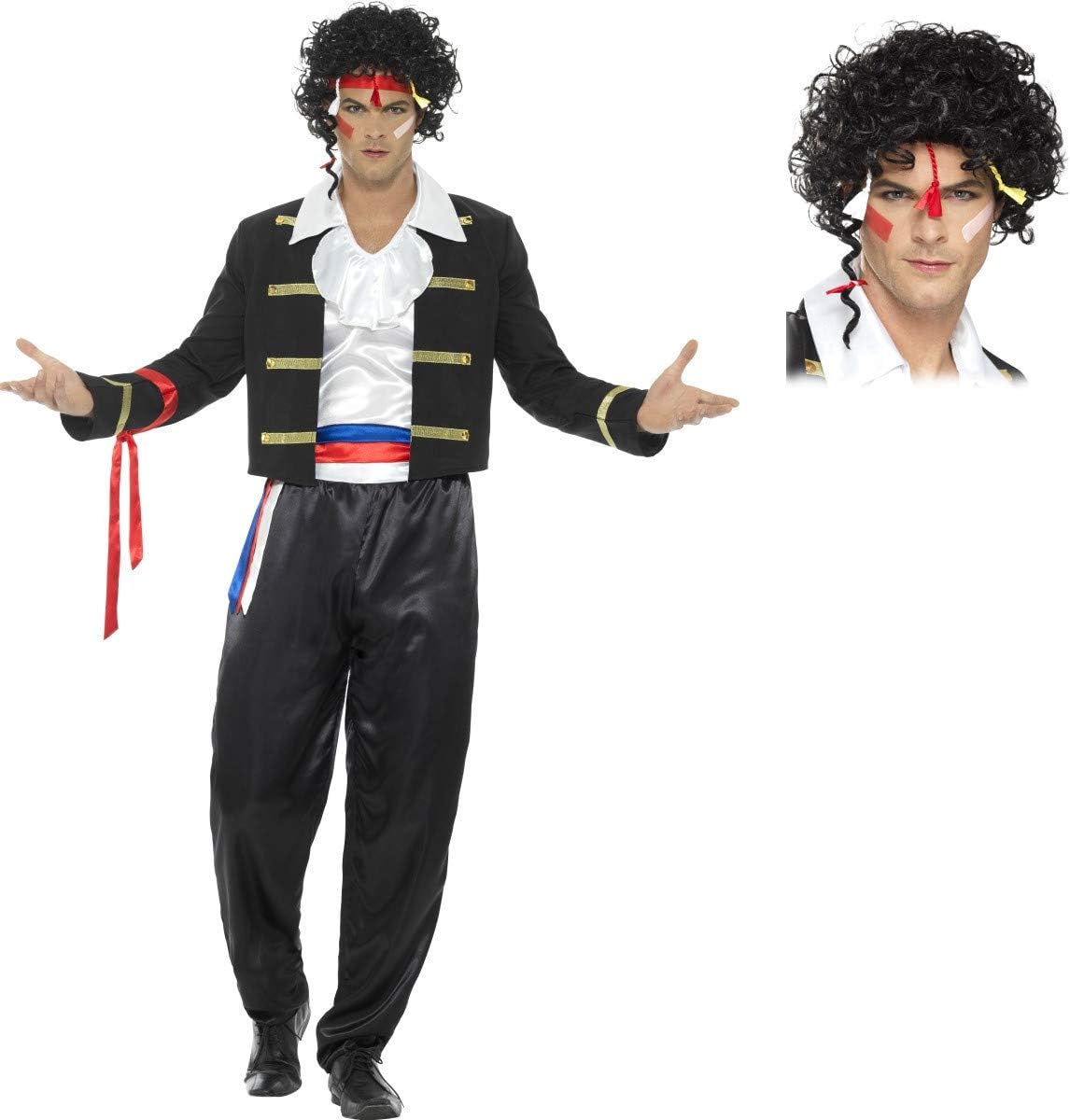 80's New Romantic + Wig Mens Fancy Dress Adam Ant Celebrity 1980s Adults Costume (Medium 38"- 40" Chest)
