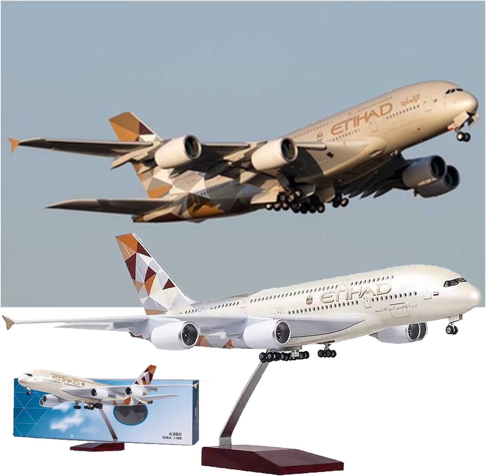 1/160 Scale 20.1in Airplane A380 ETIHAD Airline Model with Light and Wheel Diecast Plastic Resin Plane for Collection Alloy Diecast Aircraft Jet Model Plane Gift(Beige)