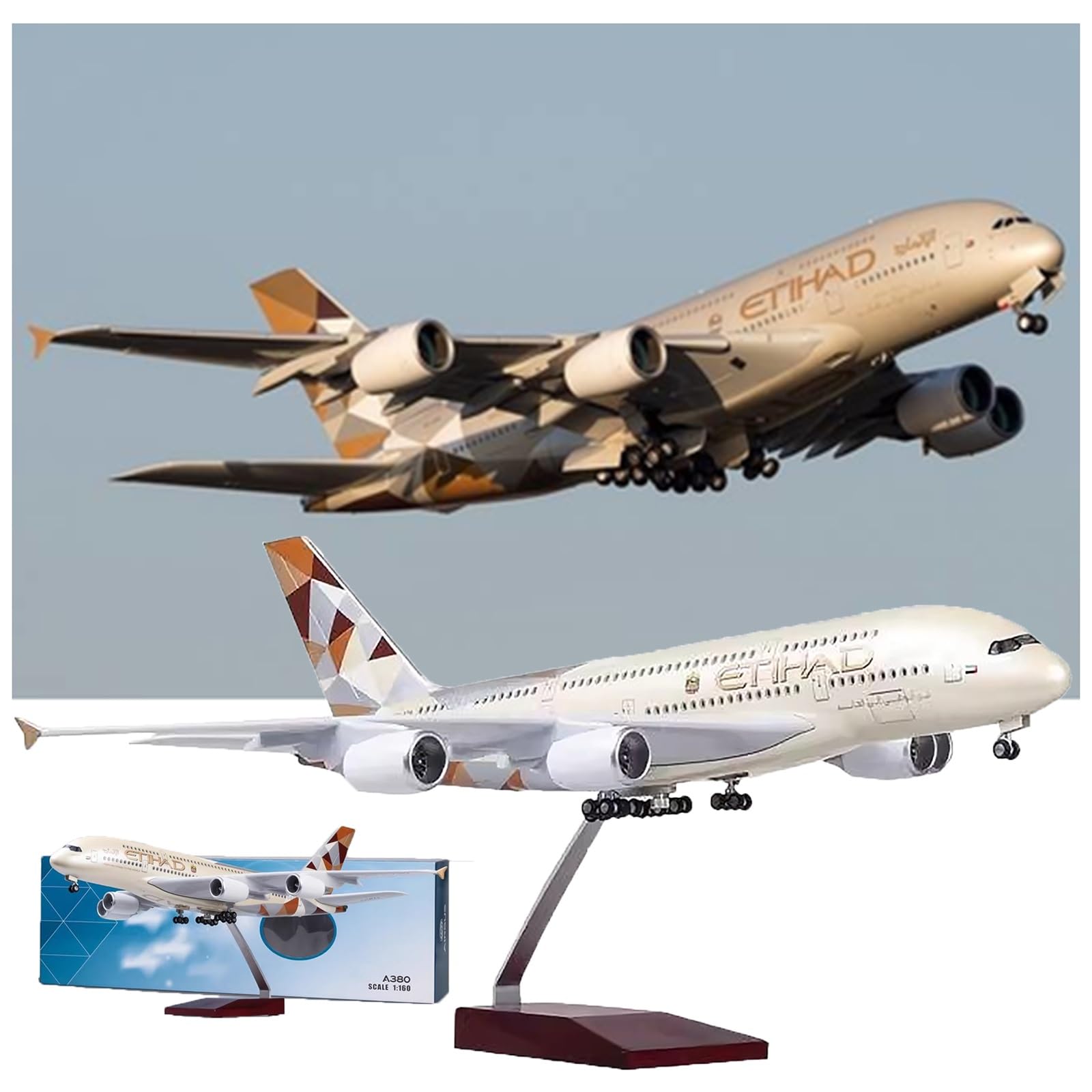 1/160 Scale 20.1in Airplane A380 ETIHAD Airline Model with Light and Wheel Diecast Plastic Resin Plane for Collection Alloy Diecast Aircraft Jet Model Plane Gift(Beige)