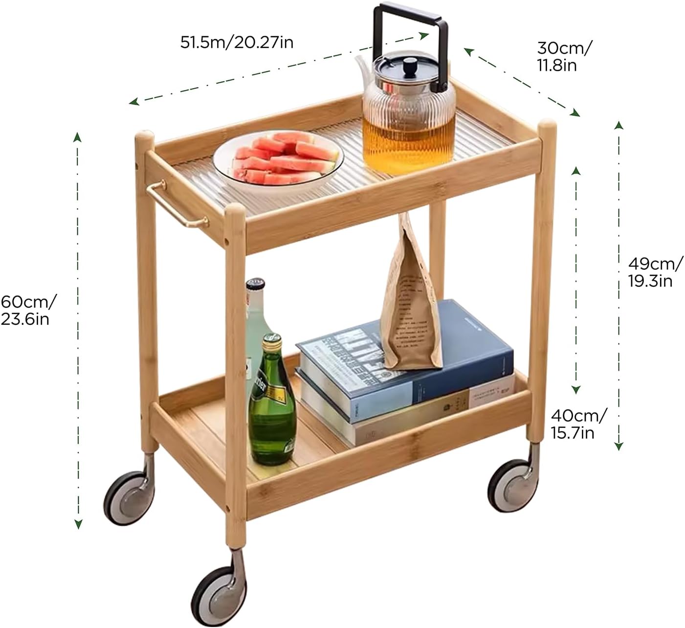 Bamboo End Table with Wheels, Rolling Utility Storage Organizer Boho 2 Tier Side Table with Glass Top, Bedside Table for Small Spaces, Night Stand Coffee Table for Home, Living Room (Modern Style)