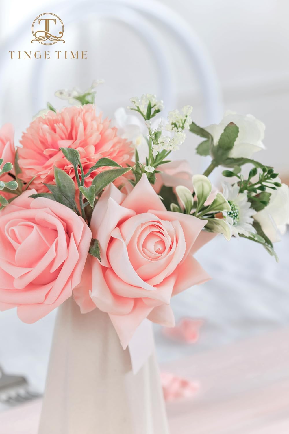 TINGE TIME Wedding Centerpieces Table Decorations, Set of 6, Artificial Flowers Wedding Mini Flowers Bouquets Pre-Made Mini Floral for Dessert Desk Home Decor (PeachPink&White)