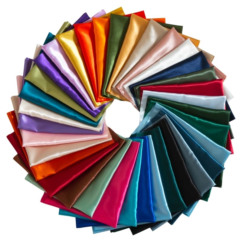 Q&J Fabric Co 35Pcs Satin Fabric Fat Quarter Patchwork Shiny Silky Cloth 18''L x 20''W for Festive Gift DIY Doll Bags Wallet Sewing Crafts Bundle Lining Polyester Quilting Costume Apparel Decorations