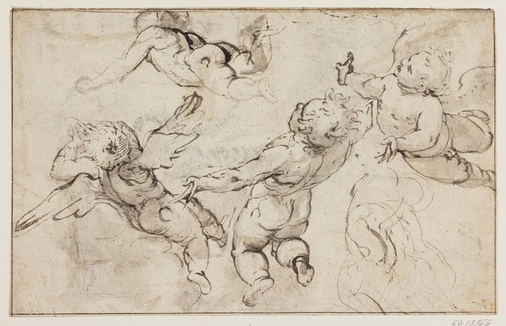 Francesco Albani 24x17 Black Modern Framed Art Print Titled: Flying Putti